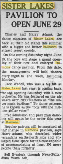 Ramona Ballroom/Dance Pavilion at Sister Lakes - 27 JUN 1935 ARTICLE